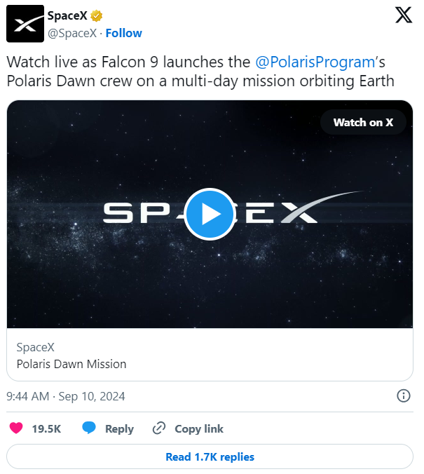 Watch live as Falcon 9 launches the  PolarisProgram ’s Polaris Dawn crew on a multi-day mission orbiting Earth